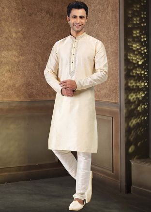 Cream Woven Mens Kurta Pajama Set