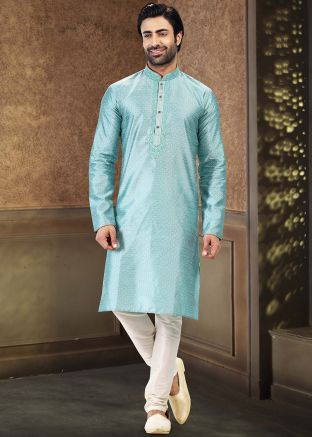 Blue Mens Embroidered Kurta Churidar Set