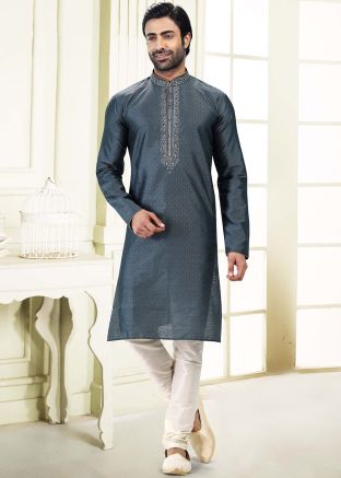 Grey Woven Mens Kurta Pajama