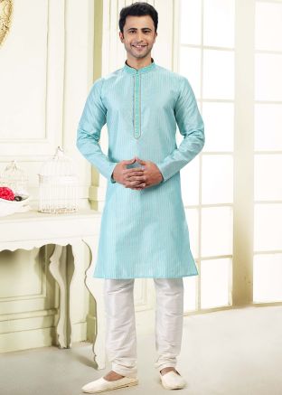 Blue Mens Jacquard Kurta Churidar Set
