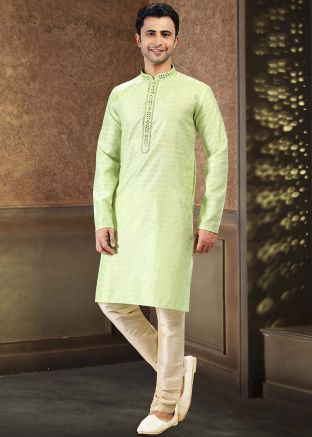 Green Embroidered Kurta Pajama Set In Jacquard