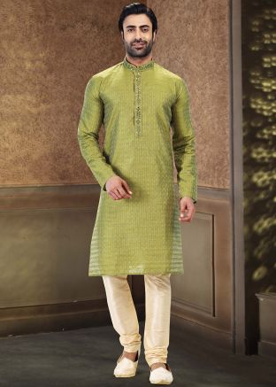 Green Woven Kurta Churidar Set In Jacquard