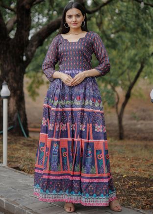 Navy Blue Chanderi Dress In Digital Print