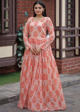 Peach Digital Floral Printed Flared Dress