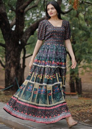 Black Digital Printed Flared Dress