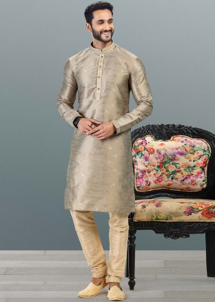 Readymade Mens Beige Woven Kurta Pajama