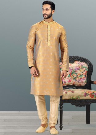 Readymade Golden Kurta Pajama In Woven Work