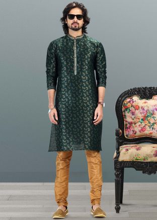 Readymade Green Kurta Pajama In Woven Work