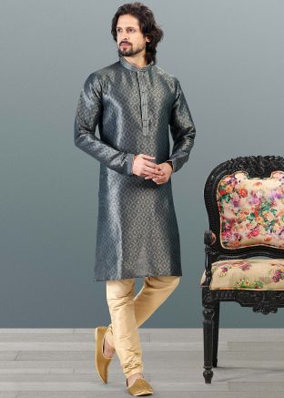 Readymade Grey Woven Mens Kurta Pajama Set