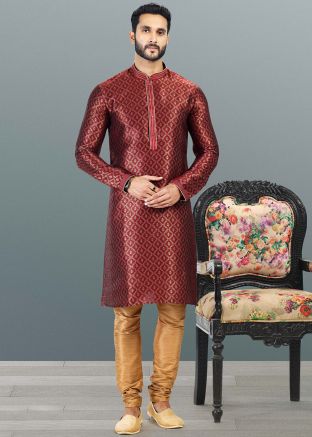 Readymade Maroon Woven Kurta & Pajama
