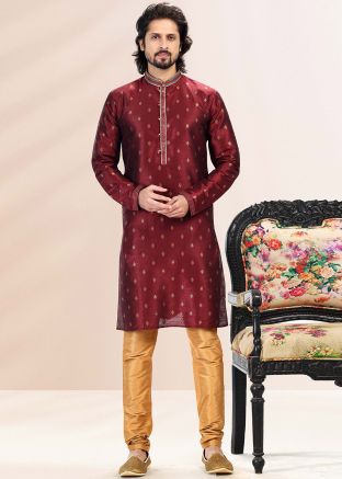 Wine Woven Mens Kurta & Pajama In Jacquard