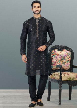 Readymade Black Woven Kurta Pajama Set