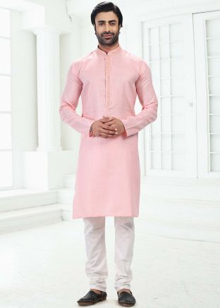 Pink Embroidered Kurta Pajama In Cotton
