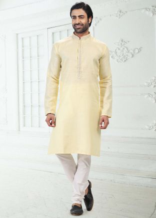 Yellow Festive Mens Kurta Pajama In Cotton