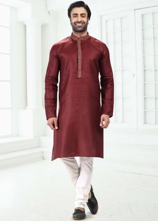 Wine Cotton Embroidered Kurta Pajama