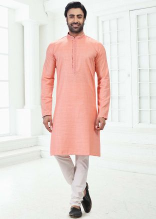 Peach Embroidered Mens Kurta Pajama