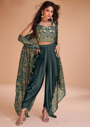 Green Readymade Embroidered Jacket & Dhoti Set