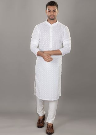White Embroidered Kurta Pajama For Mens