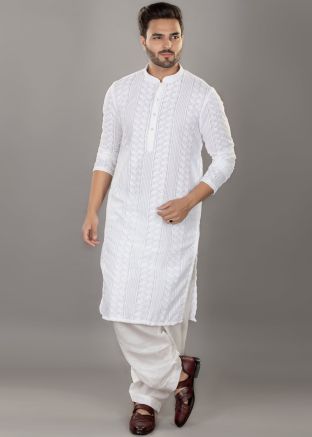 White Mens Embroidered Kurta & Salwar