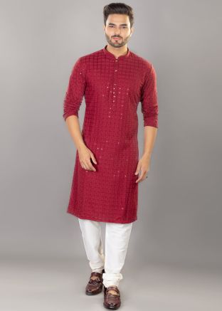 Maroon Embroidered Kurta Pajama For Mens