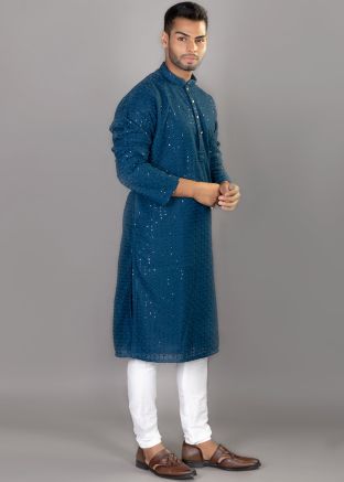 Teal Blue Embroidered Kurta Pajama In Art Silk
