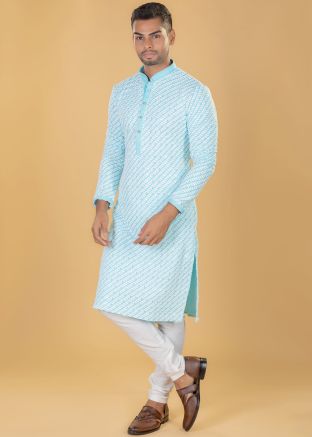 Blue Mens Kurta Pajama In Art Silk