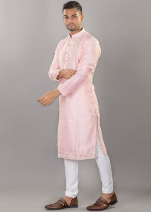 Pink Embroidered mens Kurta Pajama 