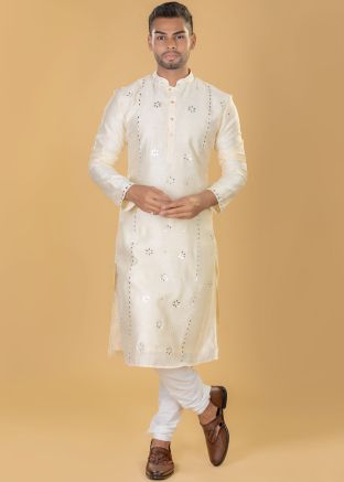 Cream Embroidered  Kurta Pajama For Mens