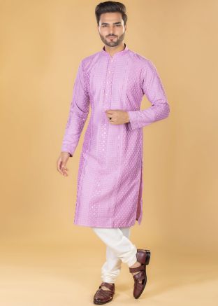 Purple Embroidered Art Silk Kurta Pajama