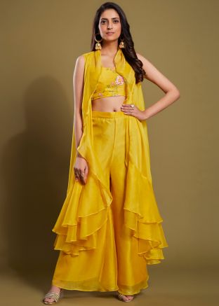 Yellow Embroidered Jacket Style Top & Palazzo
