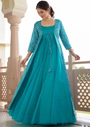 Blue Jacket Style Dress In Georgette