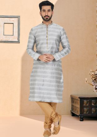 Grey Color Jacquard Readymade Kurta Pajama