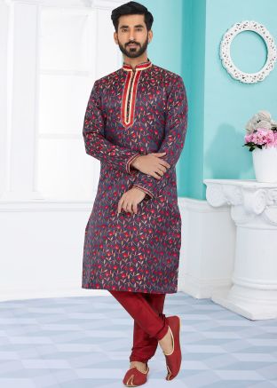 Blue Color Jacquard Readymade Kurta Pajama