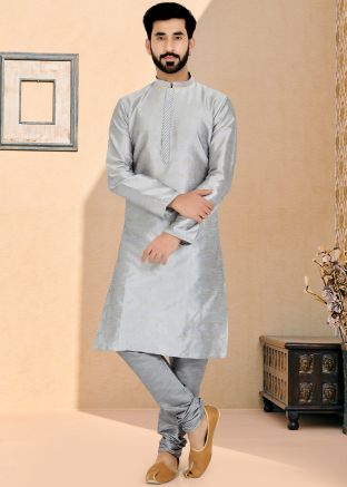 Grey Color Jacquard Readymade Kurta Pajama