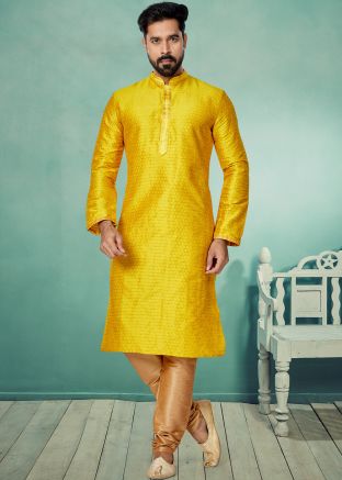 Yellow Color Jacquard Readymade Kurta Pajama