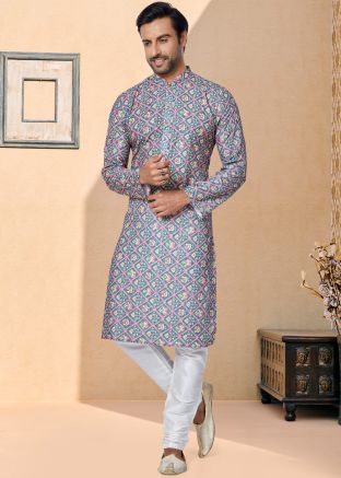 Grey Color Art Silk Readymade Kurta Pajama