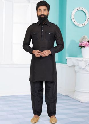 Black Color Dupion Silk Readymade Pathani Suit