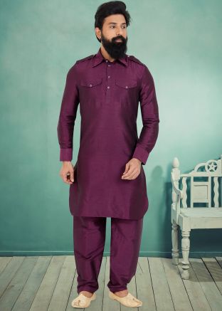 Purple Color Dupion Silk Readymade Pathani Suit