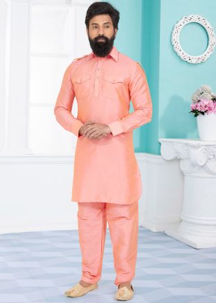 Peach Color Dupion Silk Readymade Pathani Suit