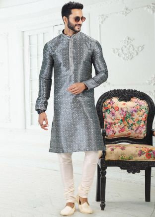 Grey Digital Floral Print Kurta Pajama Set