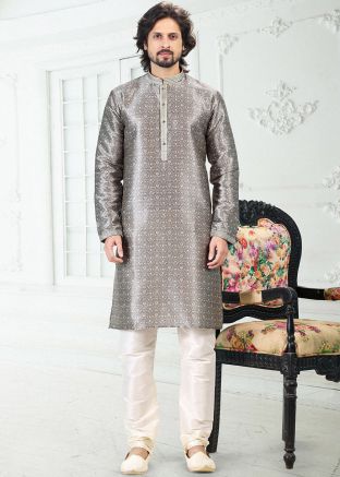 Grey Art Banarasi Silk Printed Kurta Pajama