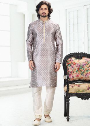 Grey Mens Kurta Pajama In Digital Print