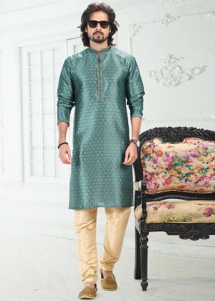 Green Mens Kurta Pajama In Digital Print