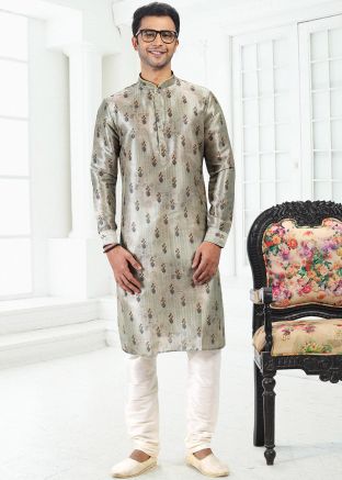 Readymade Grey Digital Floral Printed Kurta Pajama