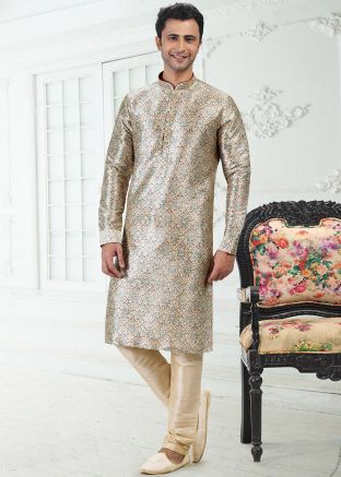 Cream Digital Printed Mens Kurta Pajama Set