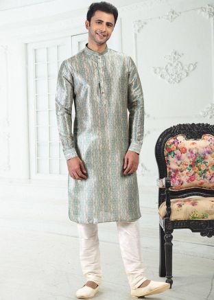 Cream & Green Digital Printed Kurta Pajama
