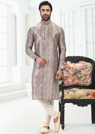 Cream & Grey Kurta Pajama In Digital Print