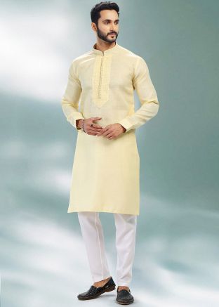 Yellow Embroidered Kurta Pajama In Cotton