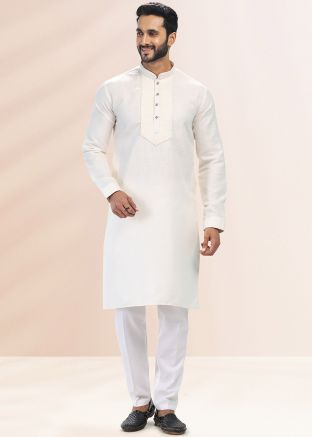Cream Embroidered Kurta Pajama In Cotton