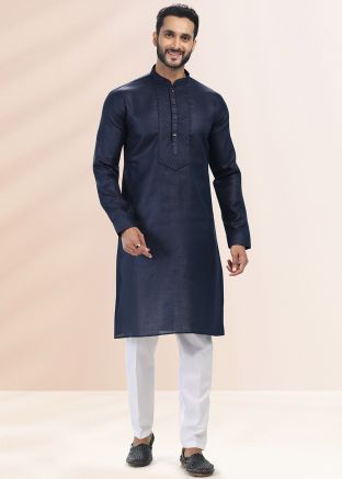 Blue Embroidered Mens Kurta Pajama